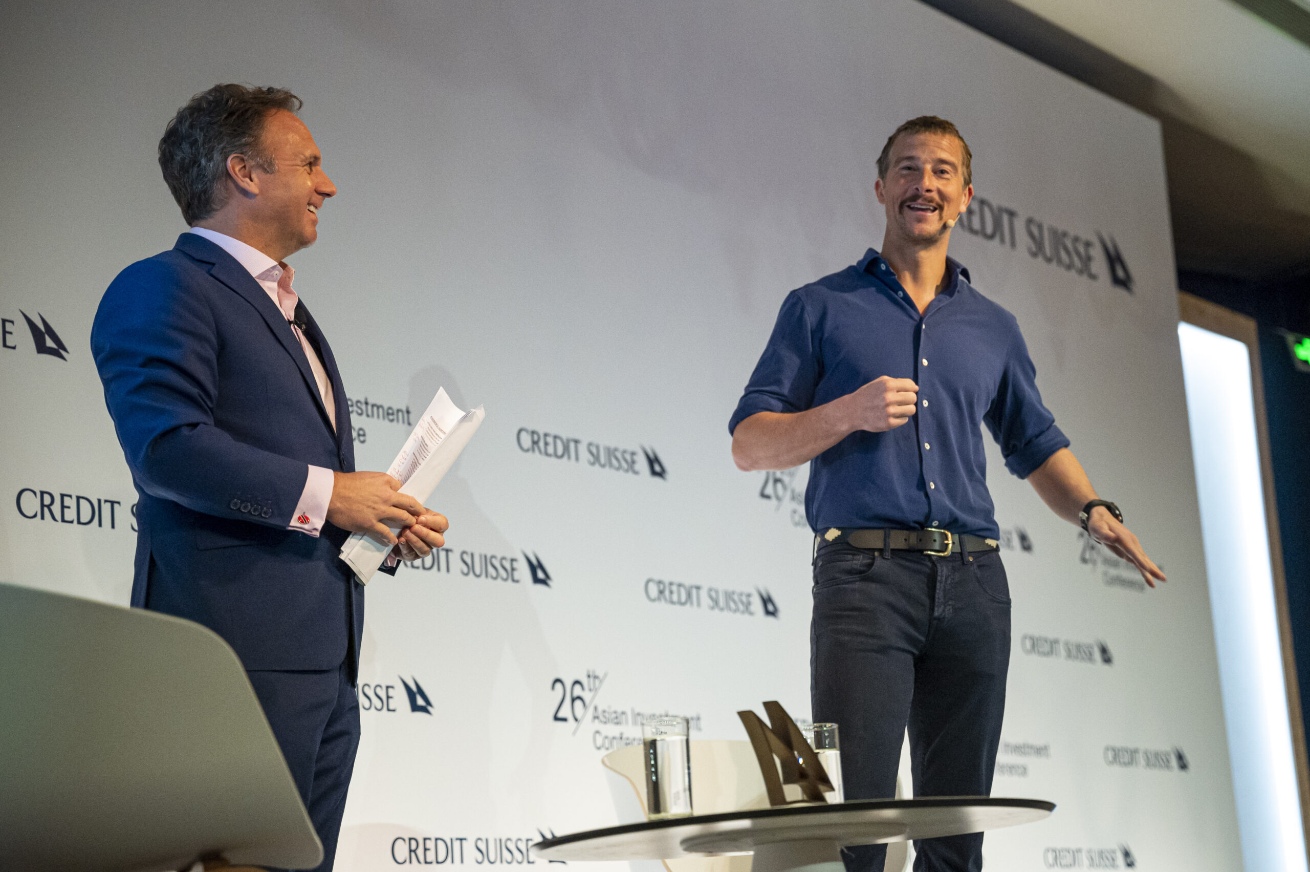 Interviewing adventurer Bear Grylls at the 26th Asian Investment Conference. Photo by David Paul Morris/Clique Visuals.
